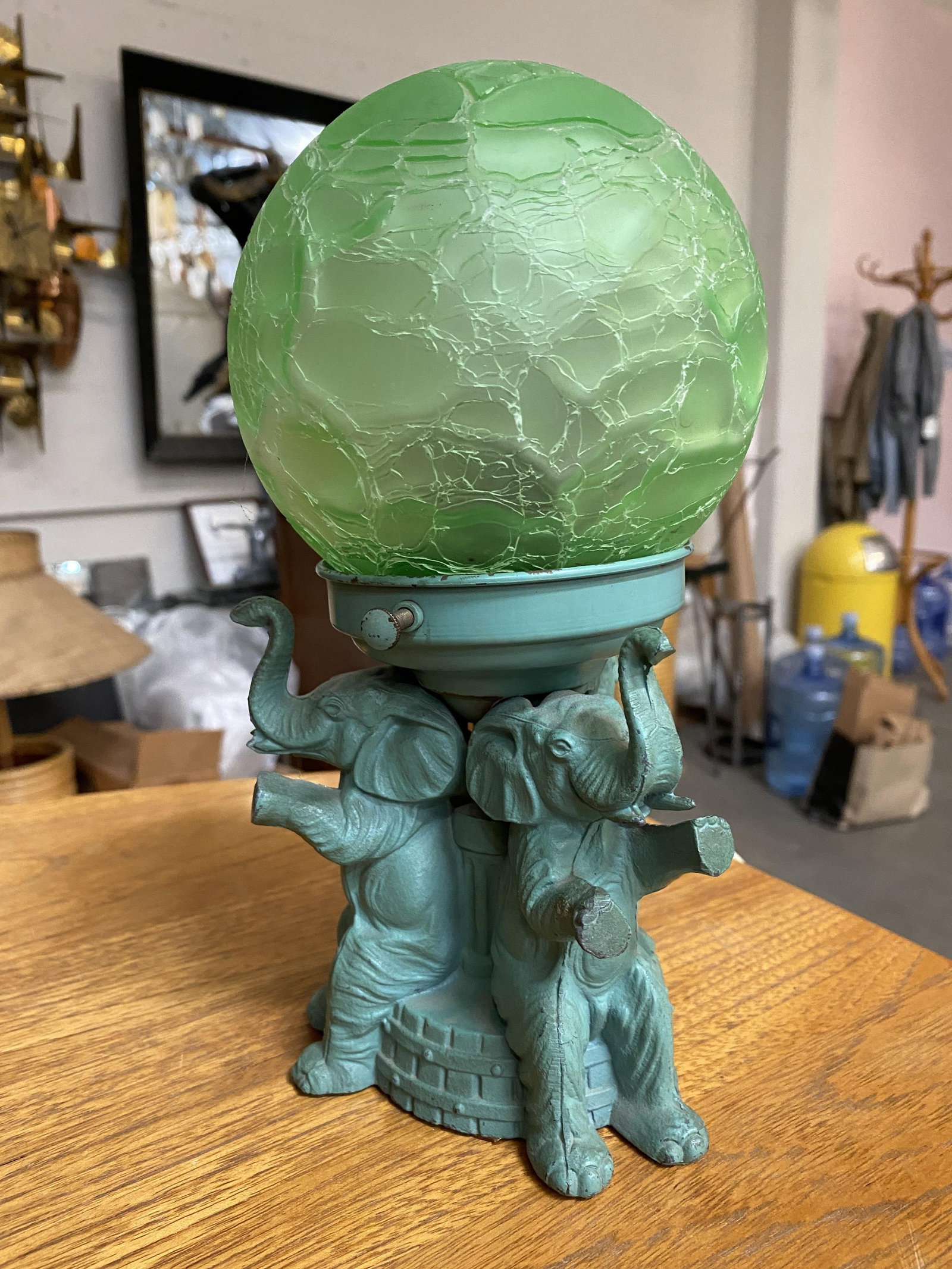 Art Deco Spelter Metal Elephant Lamp with Crackle Shade by A.P.T. NY - 18