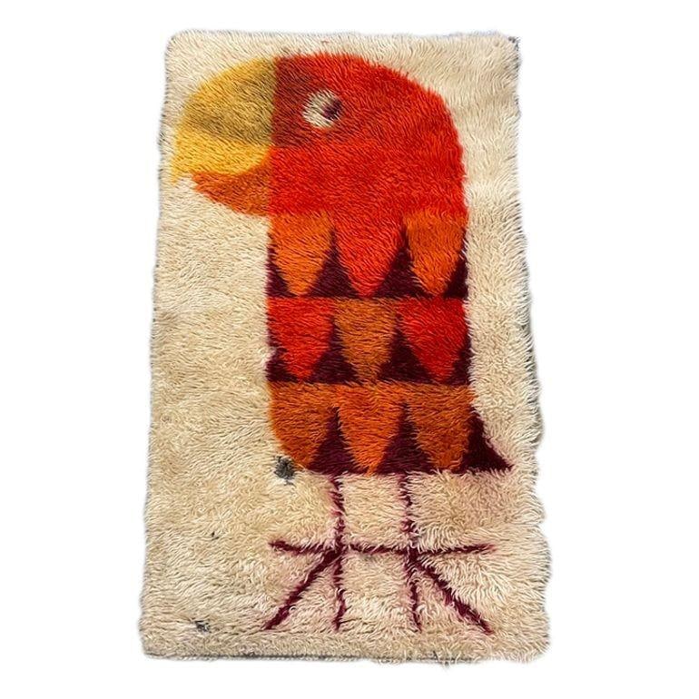 Mid-century 3' Foot Hand-Hooked Bird Tapestry Rug Wall Hanging - 3