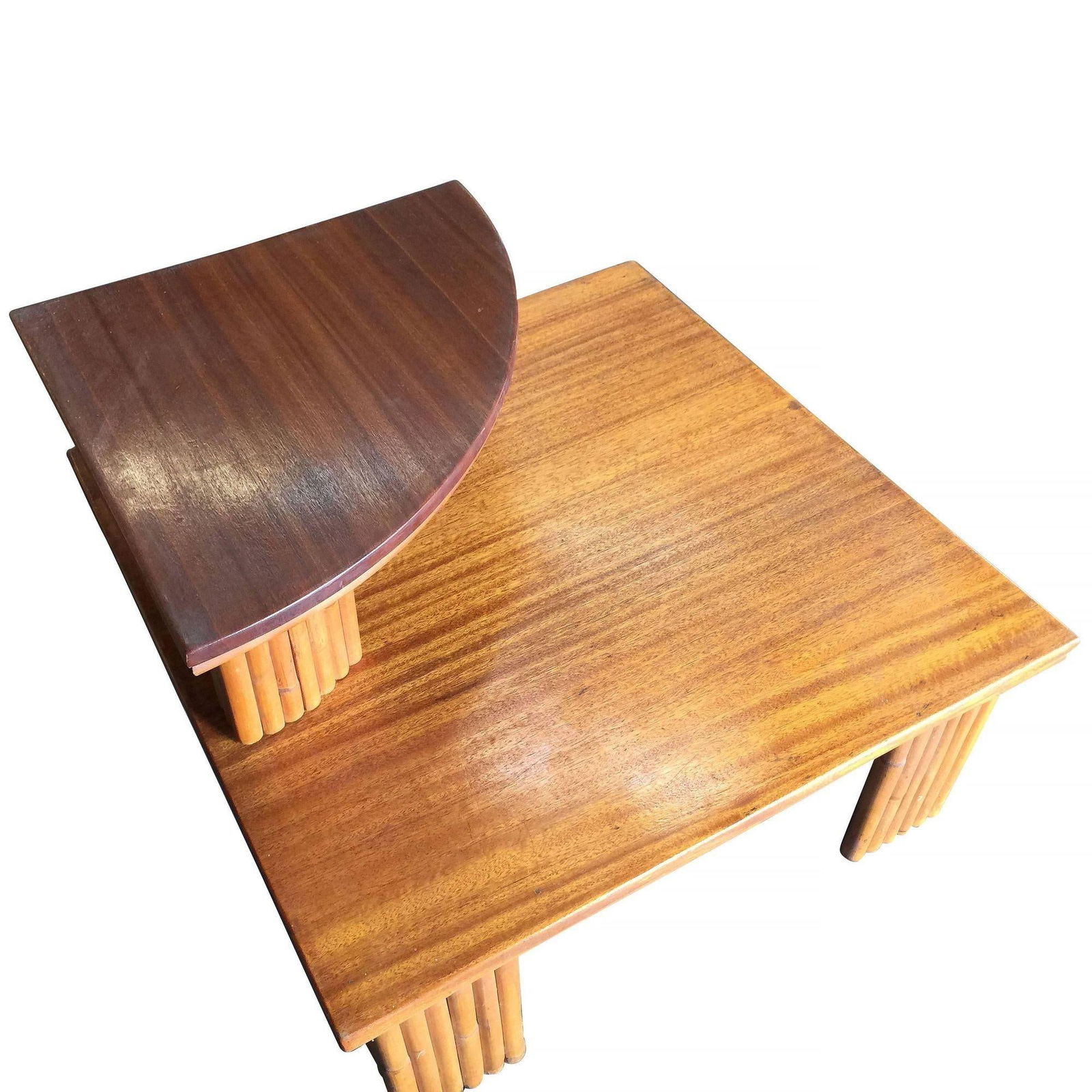 Restored Two-Tier Stacked Rattan Leg Corner Table W/ Mahogany Top - 16