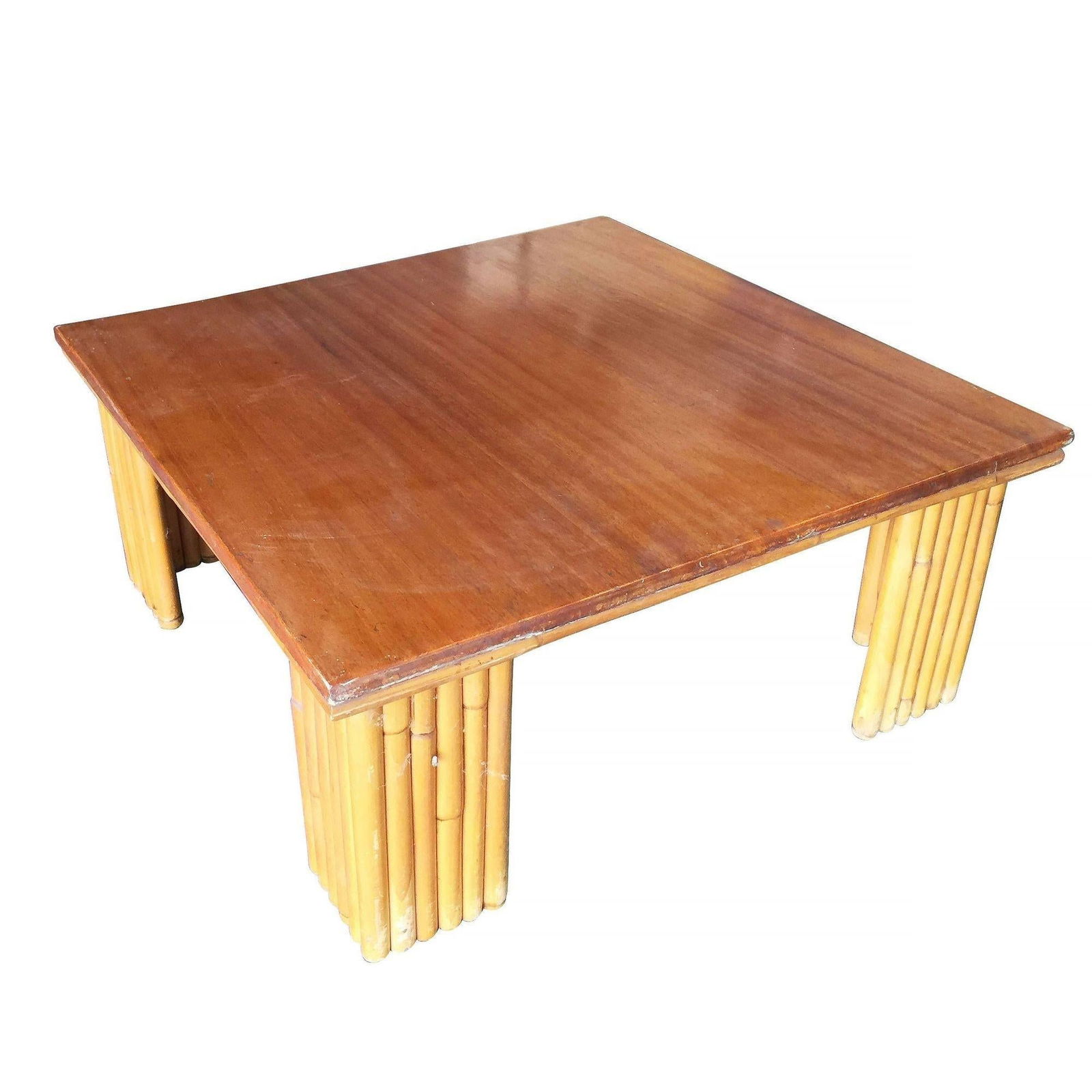 Restored Two-Tier Stacked Rattan Leg Corner Table W/ Mahogany Top - 3