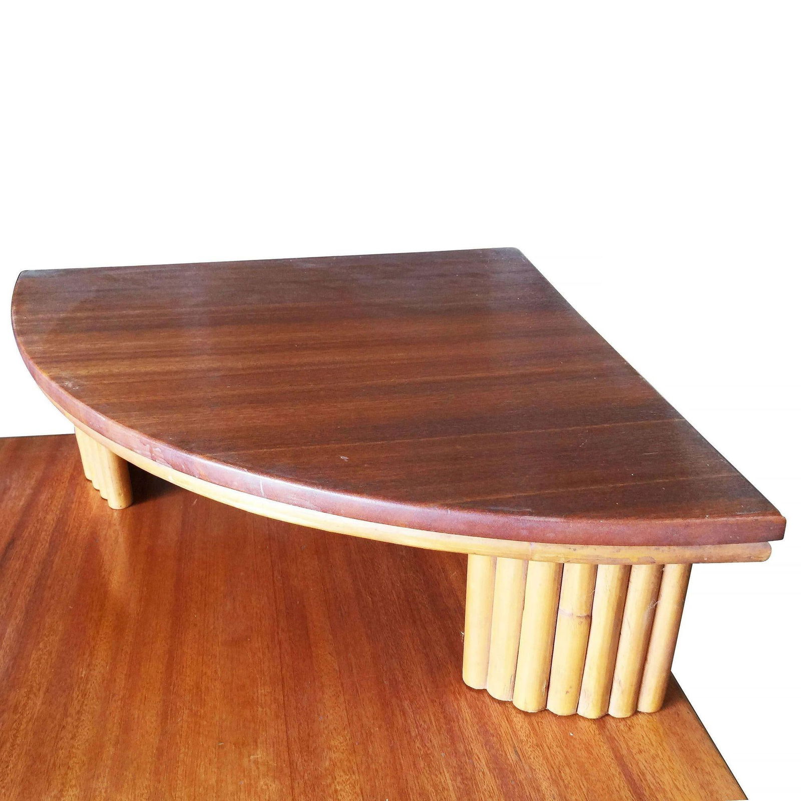 Restored Two-Tier Stacked Rattan Leg Corner Table W/ Mahogany Top - 5