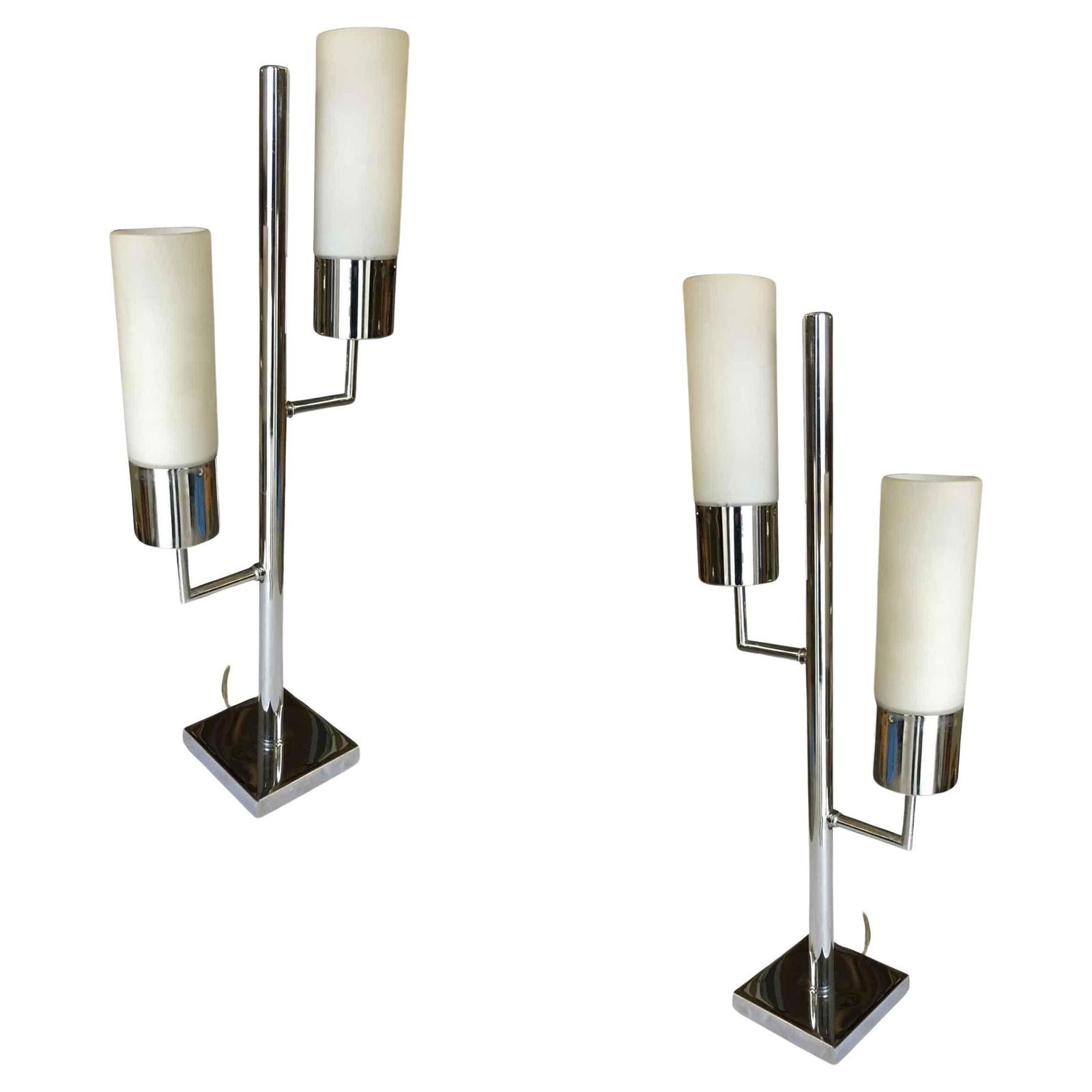 Modernist Twin Cylinder Chrome Table Lamp: Title: Modernist Twin Cylinder Chrome Table Lamp Description: Modernist, midcentury inspired twin cylinder lamp featuring a chrome base and body featuring two 2 lights each with a frosted glass