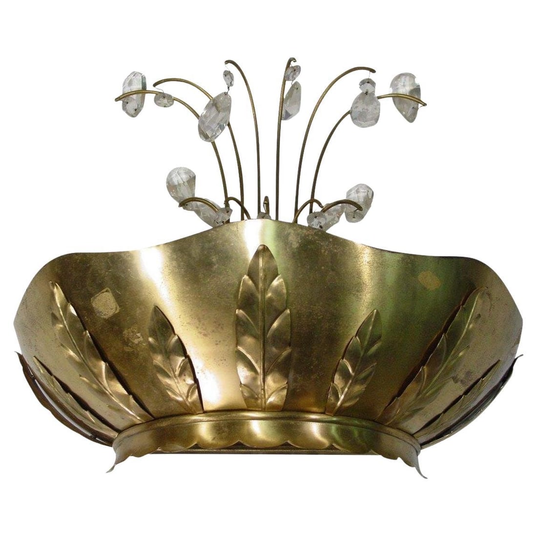 Art Deco Brass Hollywood Regency Palm Leaf Wall Sconce W/ Crystal Arms - 15