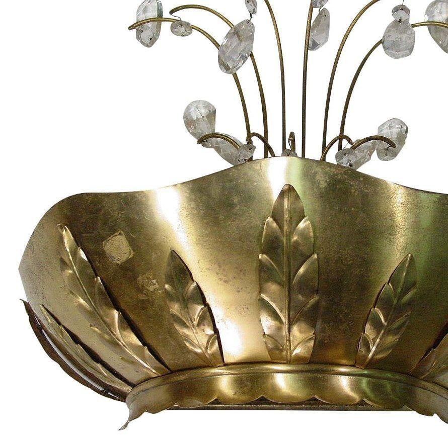 Art Deco Brass Hollywood Regency Palm Leaf Wall Sconce W/ Crystal Arms - 16