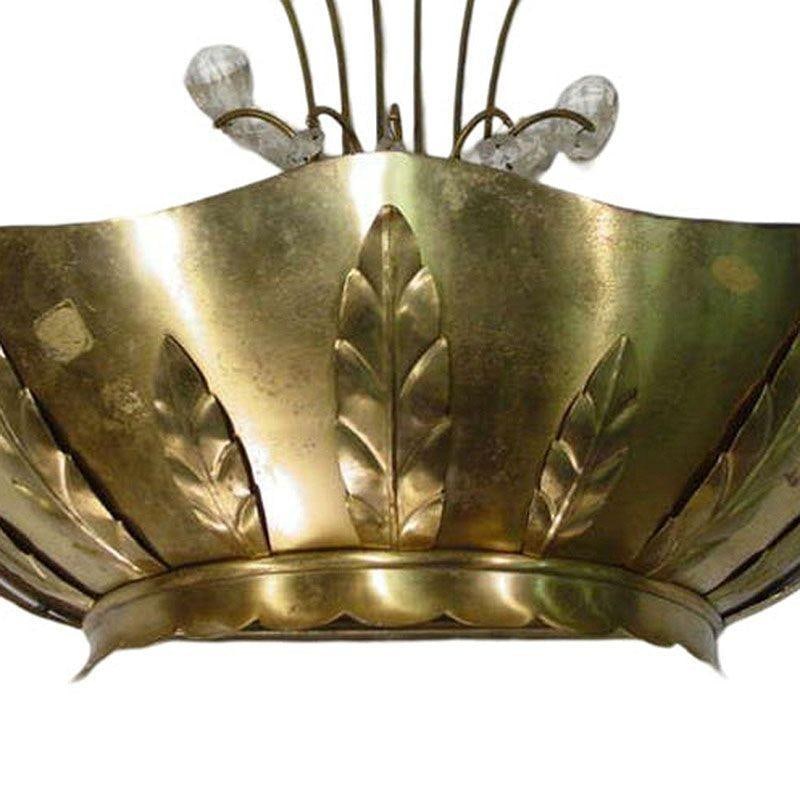 Art Deco Brass Hollywood Regency Palm Leaf Wall Sconce W/ Crystal Arms - 17