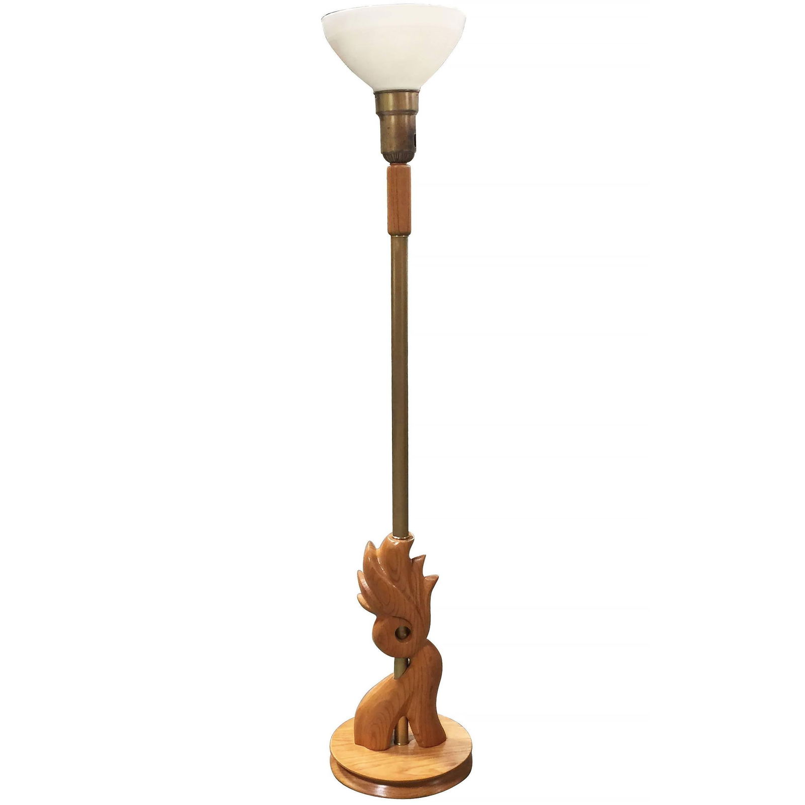 Heifetz Style Hand-Carved Torchiere Floor Lamp: Title: Heifetz Style Hand-Carved Torchiere Floor Lamp Description: Heifetz style Mid-Century hand-carved wood torchiere floor lamp pair with milk glass shades and brass accents. Dimensions: Creator: 