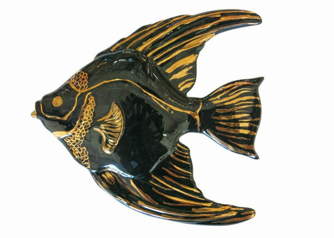 Mid-century Ceramic Black & Gold Plaster Aquatic Angelfish Wall Art, Set of 4 - 5