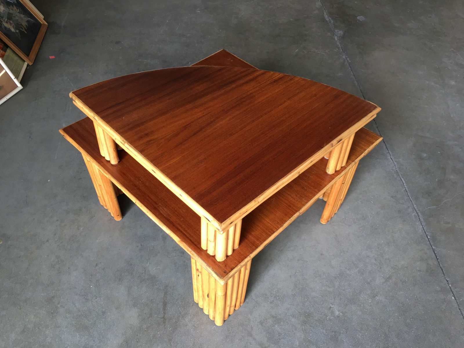 Restored Rattan Corner Side Table with Removable Mahogany Second Tier - 11