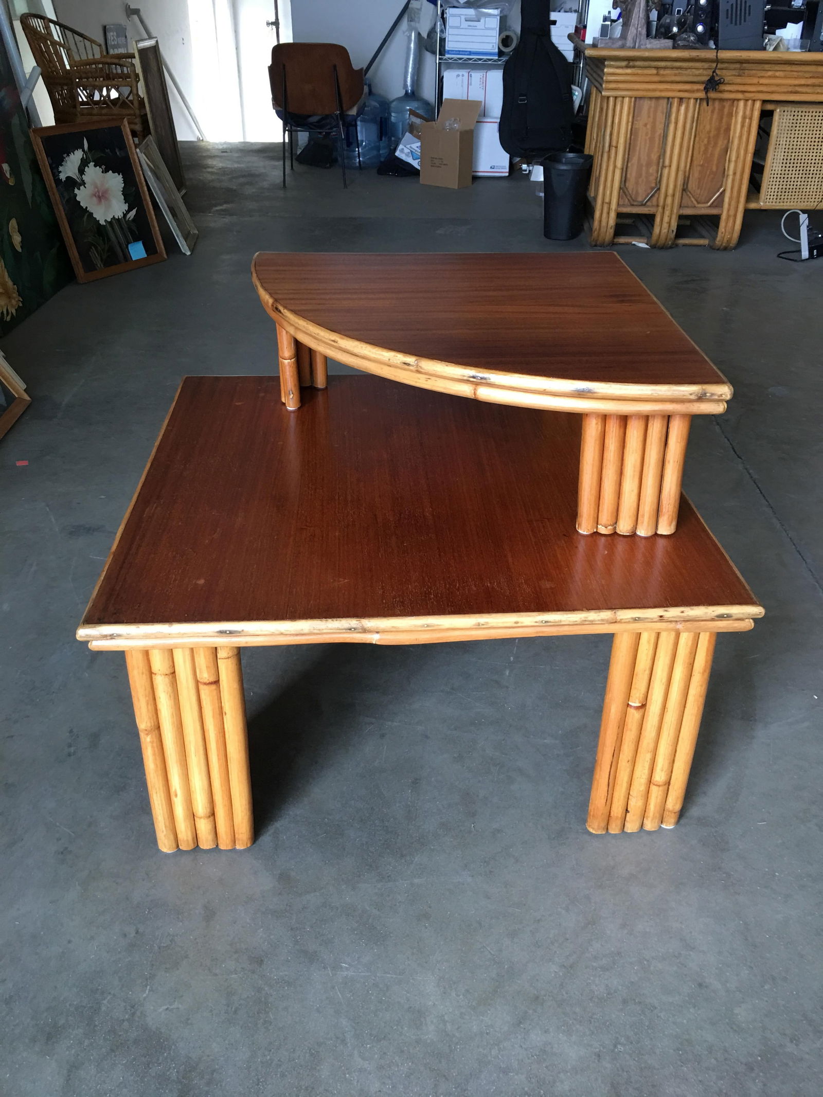 Restored Rattan Corner Side Table with Removable Mahogany Second Tier - 16
