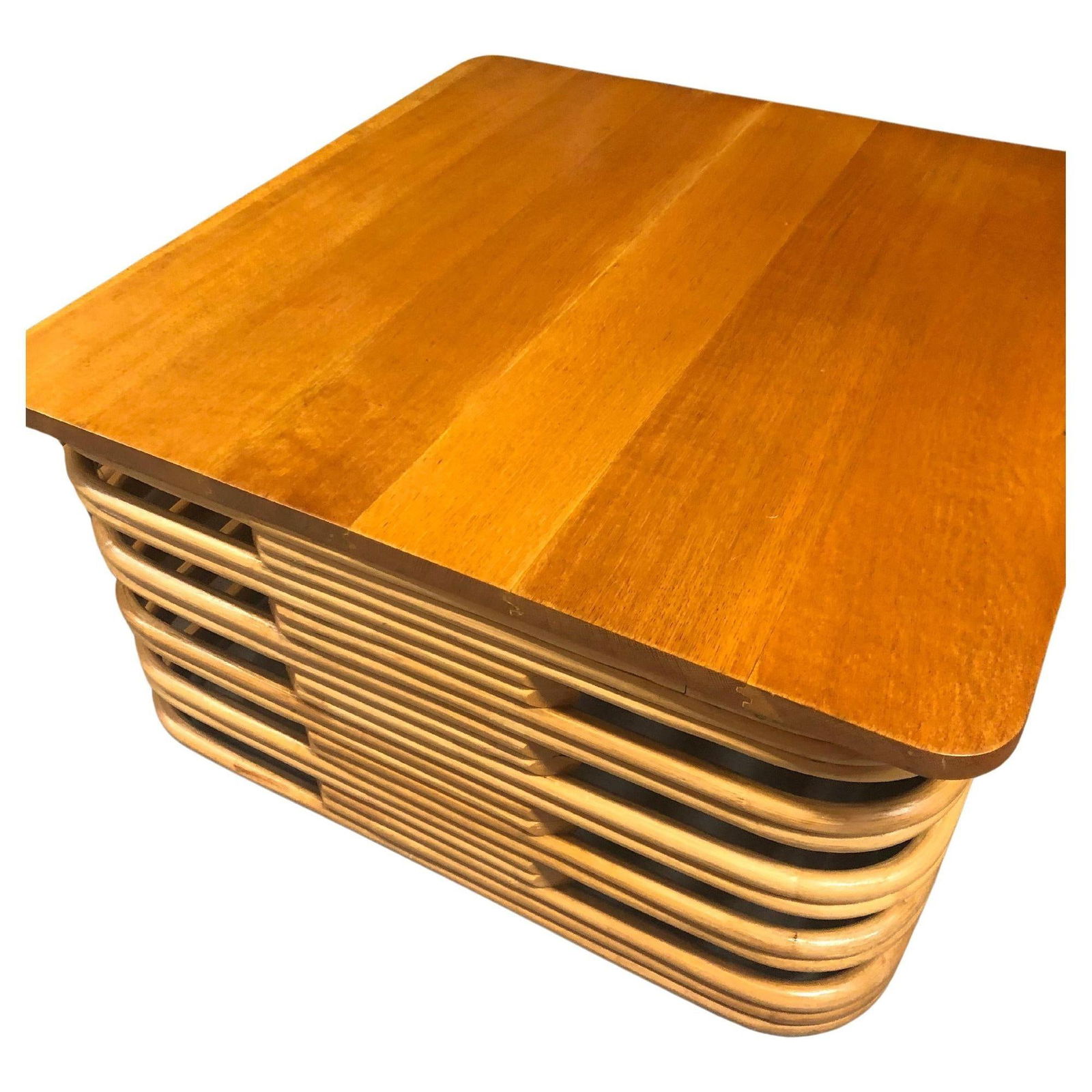 Restored Stacked Rattan Cocktail Coffee Table w/ Mahogany Top - 4