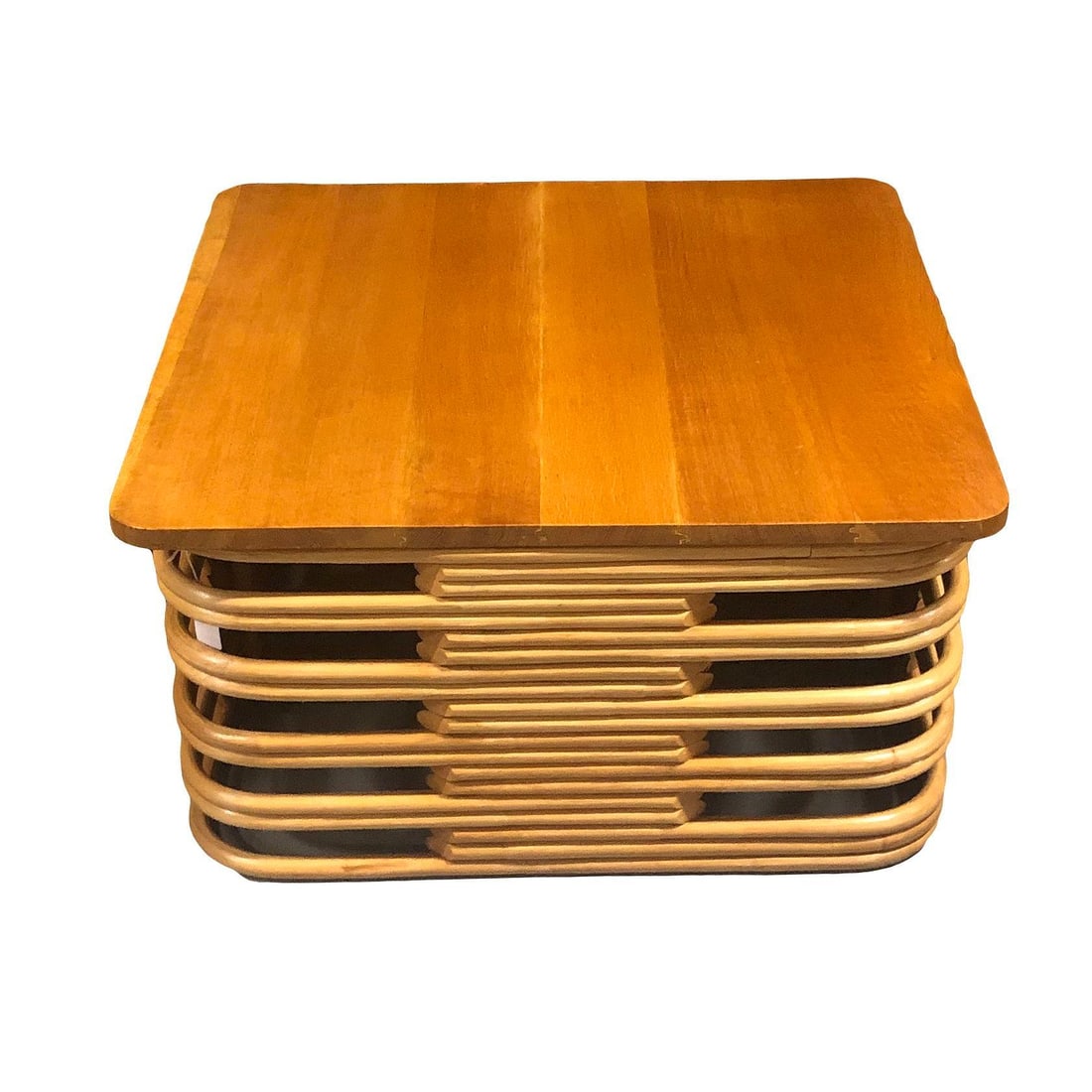 Restored Stacked Rattan Cocktail Coffee Table w/ Mahogany Top - 5