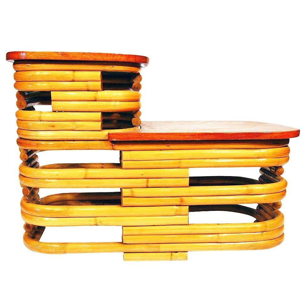 Restored MCM Stacked Rattan Two-Tier Side Table w/ Mahogany Top, 2 Available - 17