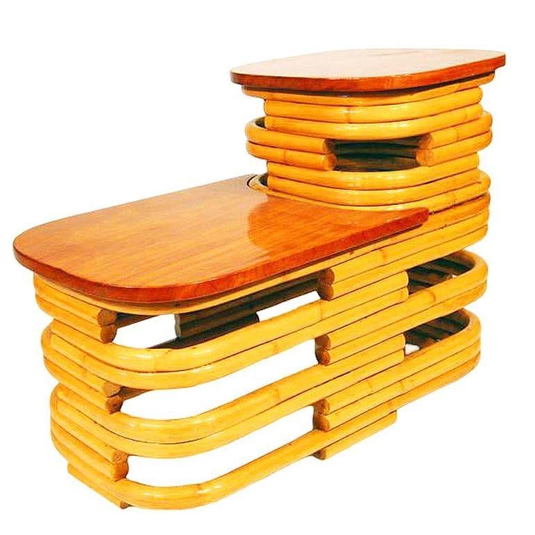 Restored MCM Stacked Rattan Two-Tier Side Table w/ Mahogany Top, 2 Available - 9