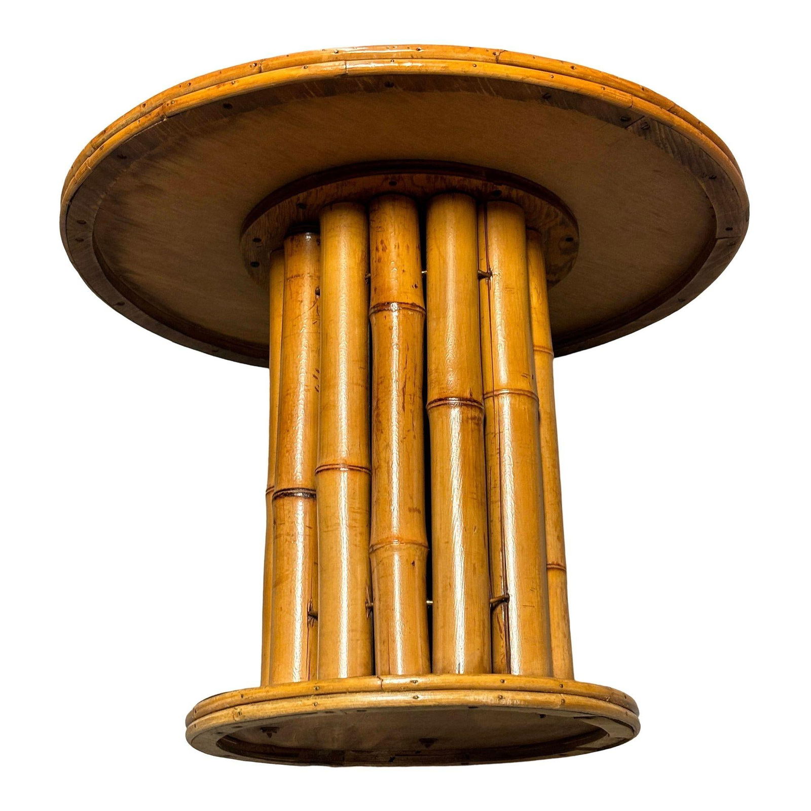 Restored Rattan & Mahogany Round Pedestal Side Table - 3