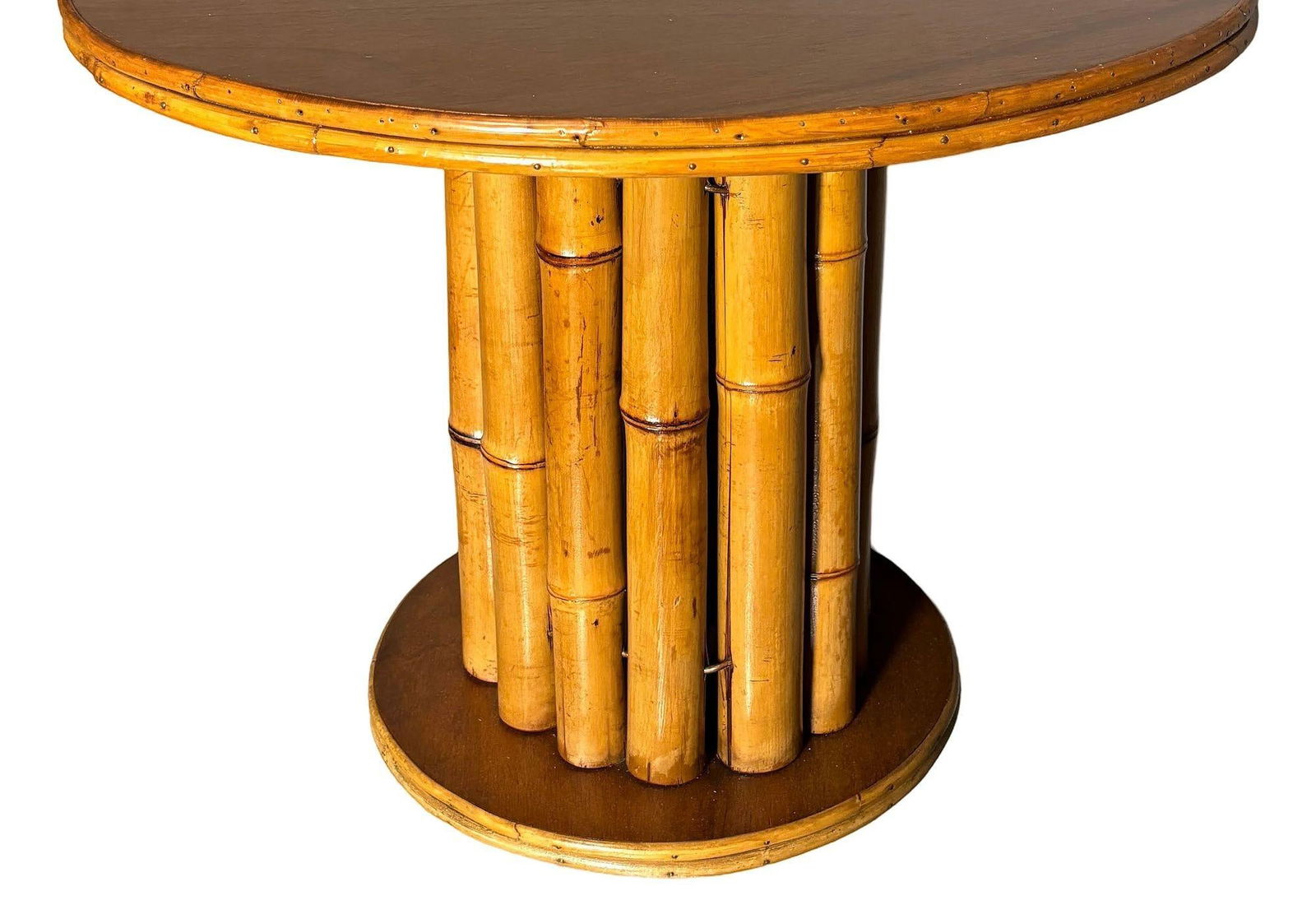 Restored Rattan & Mahogany Round Pedestal Side Table - 5