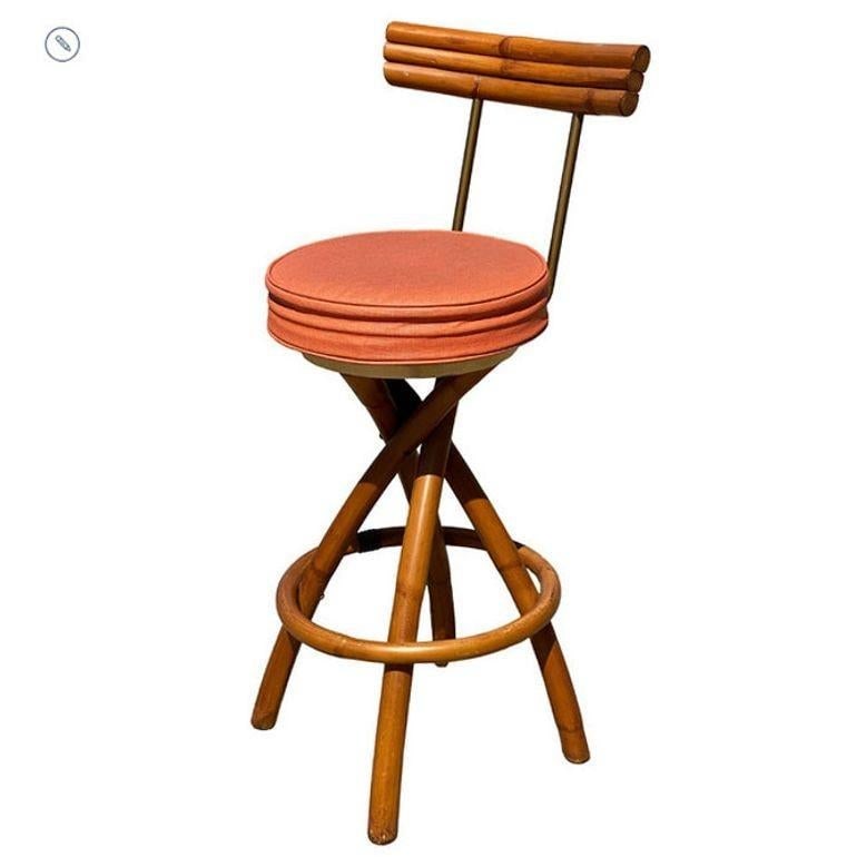 Restored Mid-century Swivel "Spiral" Leg Rattan & Brass Barstools, Pair - 10