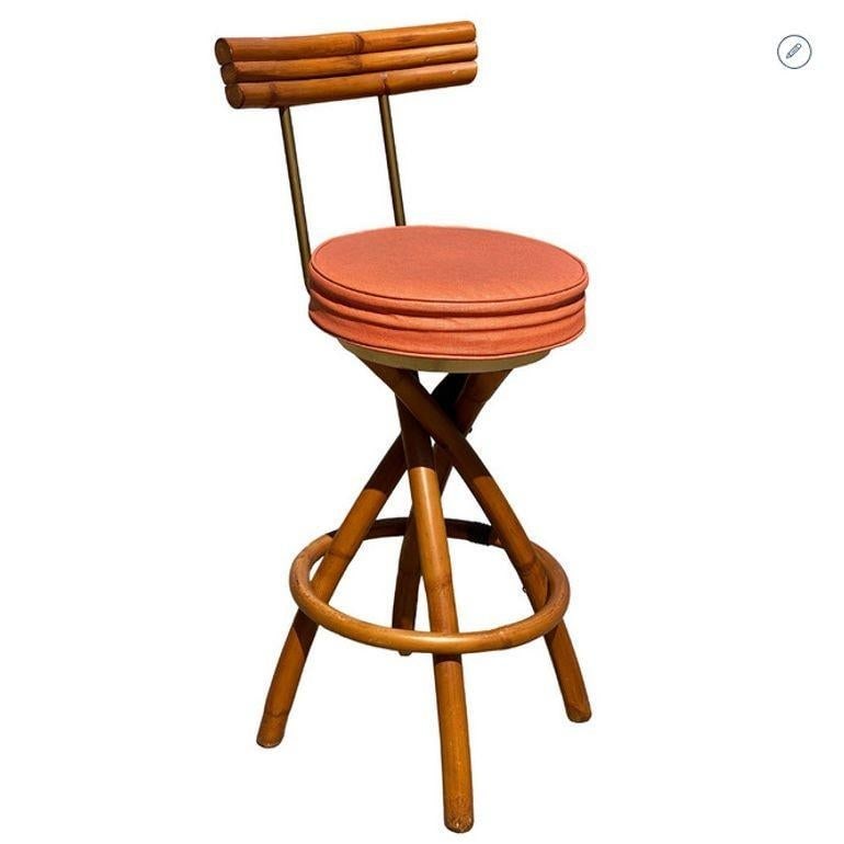 Restored Mid-century Swivel "Spiral" Leg Rattan & Brass Barstools, Pair - 16