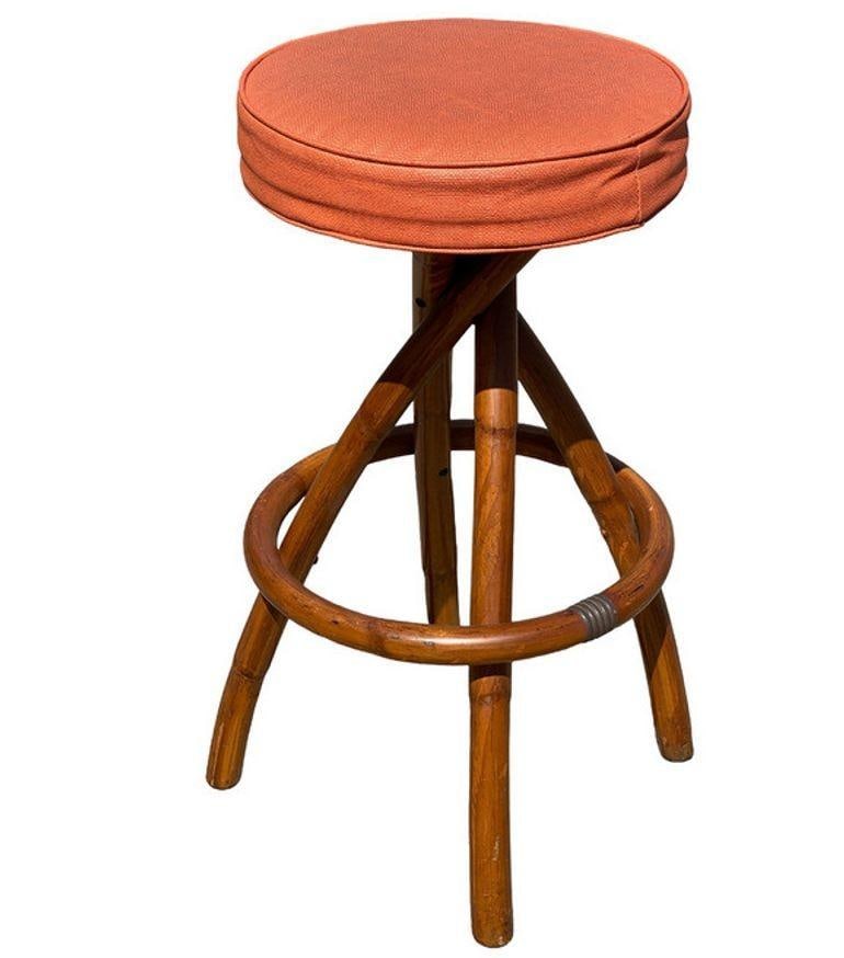 Restored Mid-century Swivel "Spiral" Leg Rattan & Brass Barstools, Pair - 6