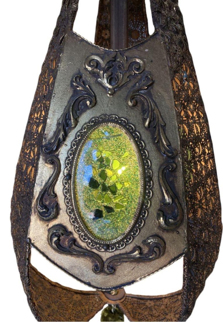 Hollywood Regency Jewel Prisms Filigree Pendant Light, Circa 1950 - 10