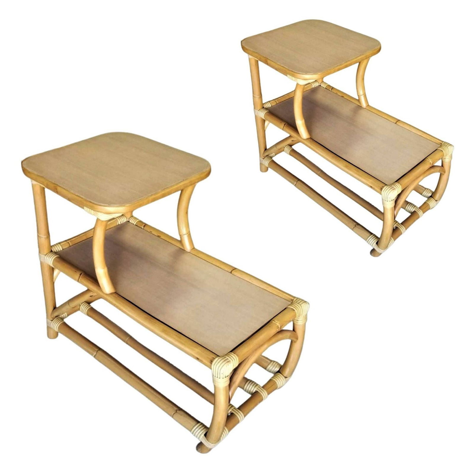 Restored Rattan Side Table 2-Tier w/ Formica Top - Set of 2: Title: Restored Rattan Side Table 2-Tier w/ Formica Top - Set of 2 Description: This beautifully restored Paul Frankl-inspired set of 2 restored rattan side tables with 2-tier table tops each featurin