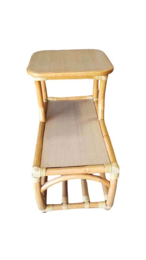 Restored Rattan Side Table 2-Tier w/ Formica Top - Set of 2 - 4
