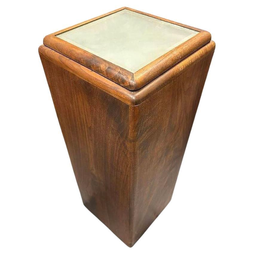 31" Art Deco Black Walnut Sculpted Waterfall Lighted Pedestal Display: Title: 31" Art Deco Black Walnut Sculpted Waterfall Lighted Pedestal Display Description: This Art Deco-era black walnut light-up pedestal features hand-sculpted waterfall edges, showcasing a frosted