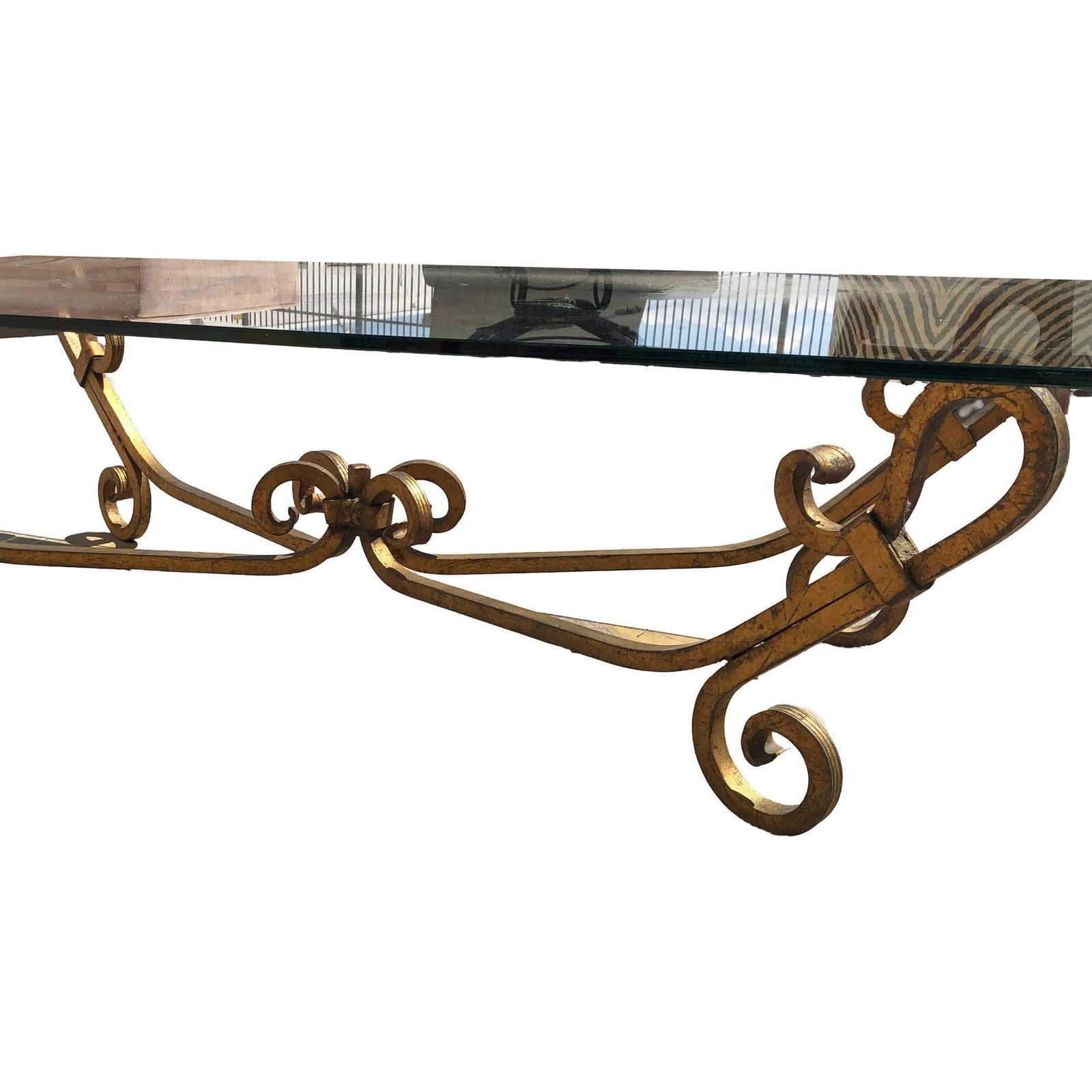 Gold-tone Gilded Wrought Iron Hollywood Regency Cocktail Table w/ Glass Top - 10