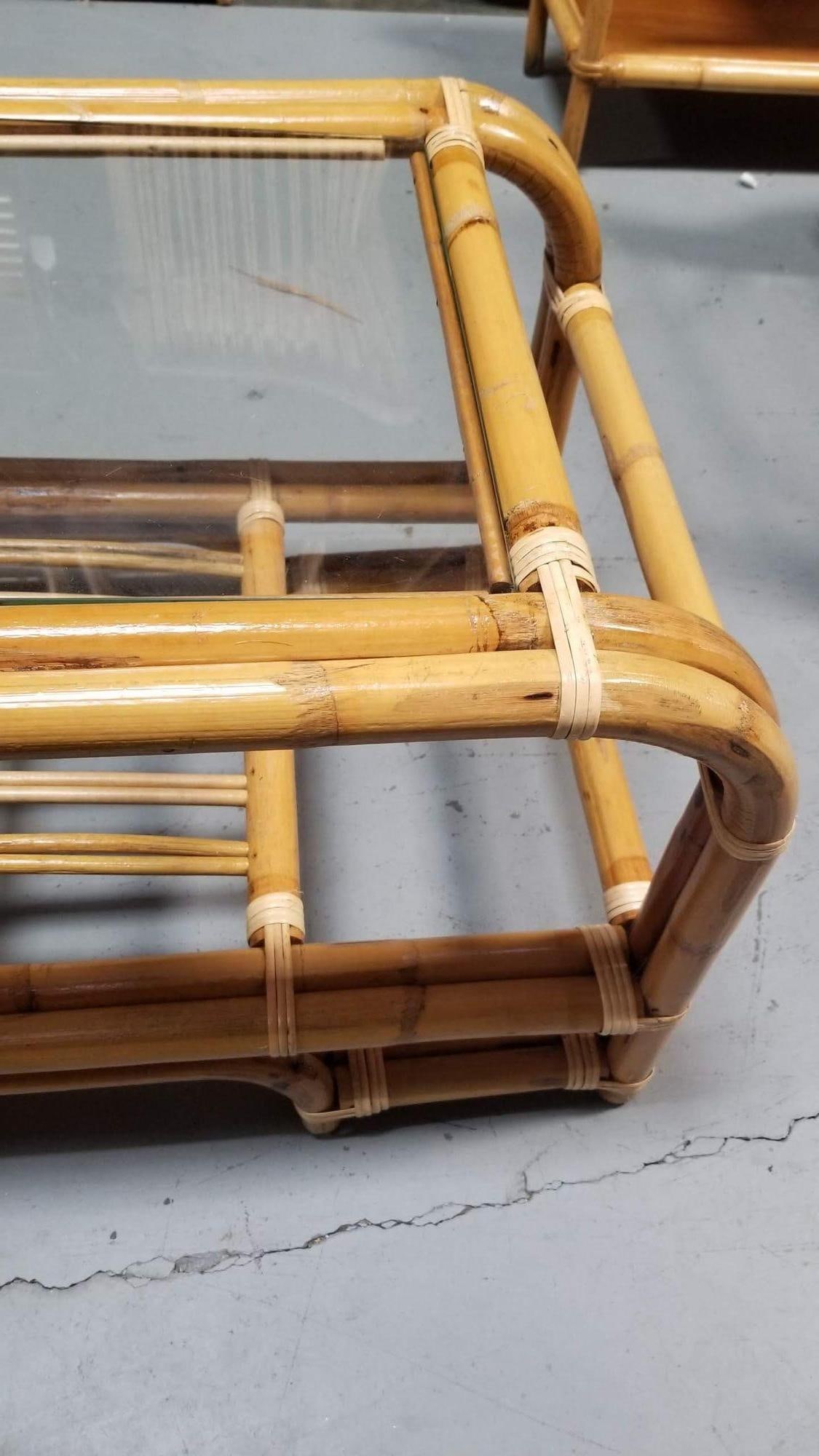 Restored 2-Tiered Rattan Coffee Table w/ Glass Top - 5