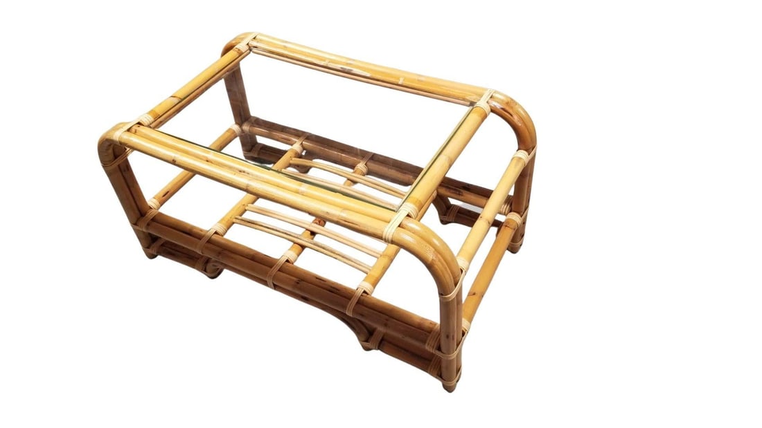 Restored 2-Tiered Rattan Coffee Table w/ Glass Top - 9
