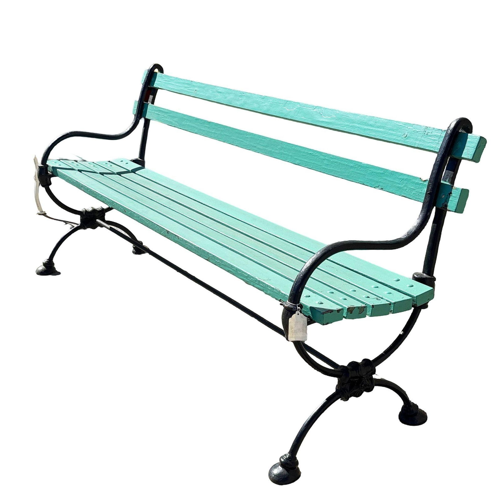 Edwardian Cast Iron & Green Painted Wooden Loop Park Bench with X Legs, Pair - 10