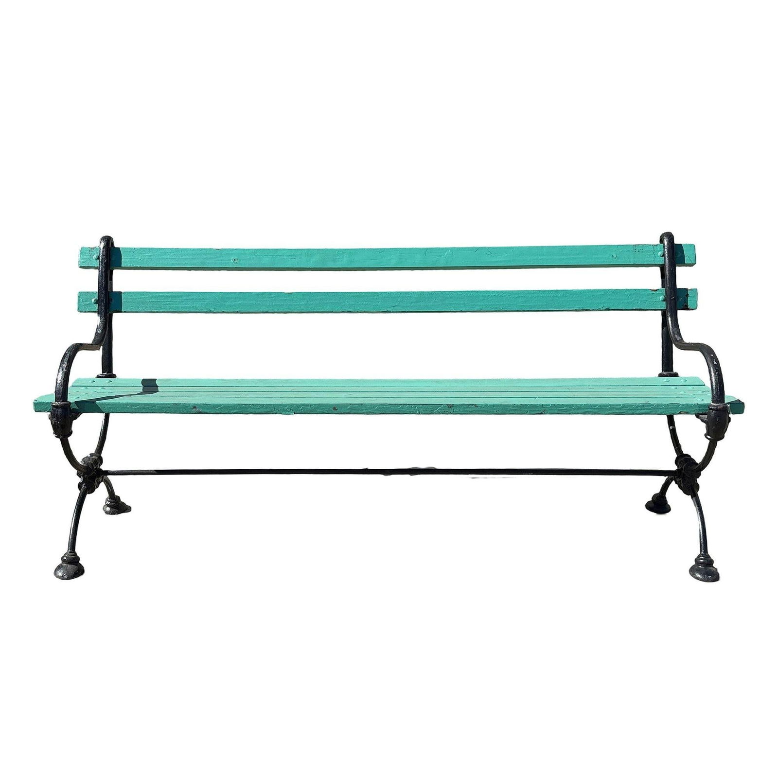 Edwardian Cast Iron & Green Painted Wooden Loop Park Bench with X Legs, Pair - 11
