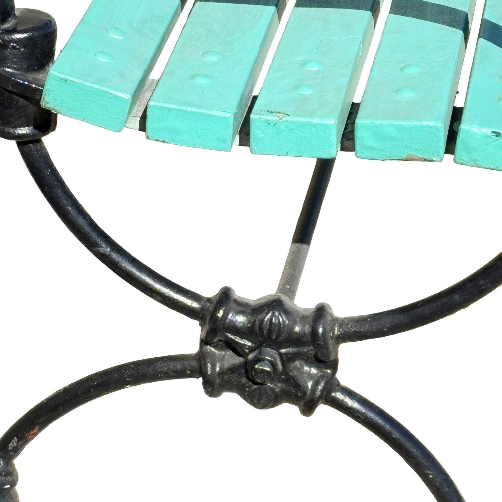 Edwardian Cast Iron & Green Painted Wooden Loop Park Bench with X Legs, Pair - 13