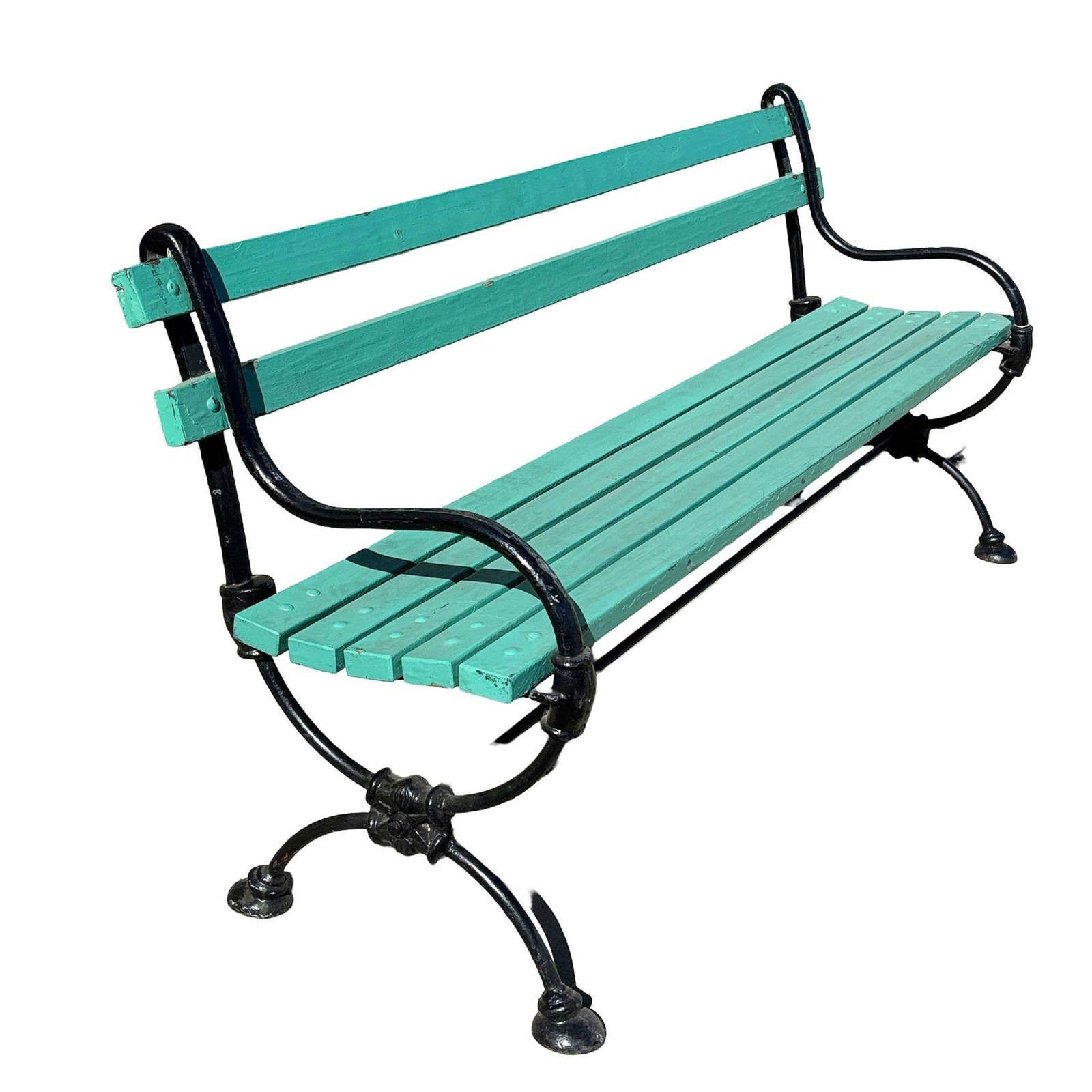 Edwardian Cast Iron & Green Painted Wooden Loop Park Bench with X Legs, Pair - 17
