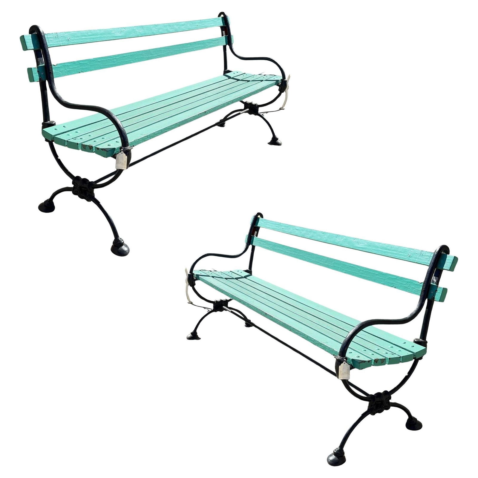 Edwardian Cast Iron & Green Painted Wooden Loop Park Bench with X Legs, Pair: Title: Edwardian Cast Iron & Green Painted Wooden Loop Park Bench with X Legs, Pair Description: Pair of charming Edwardian era garden benches featuring curved black wrought iron frames and slatted wo