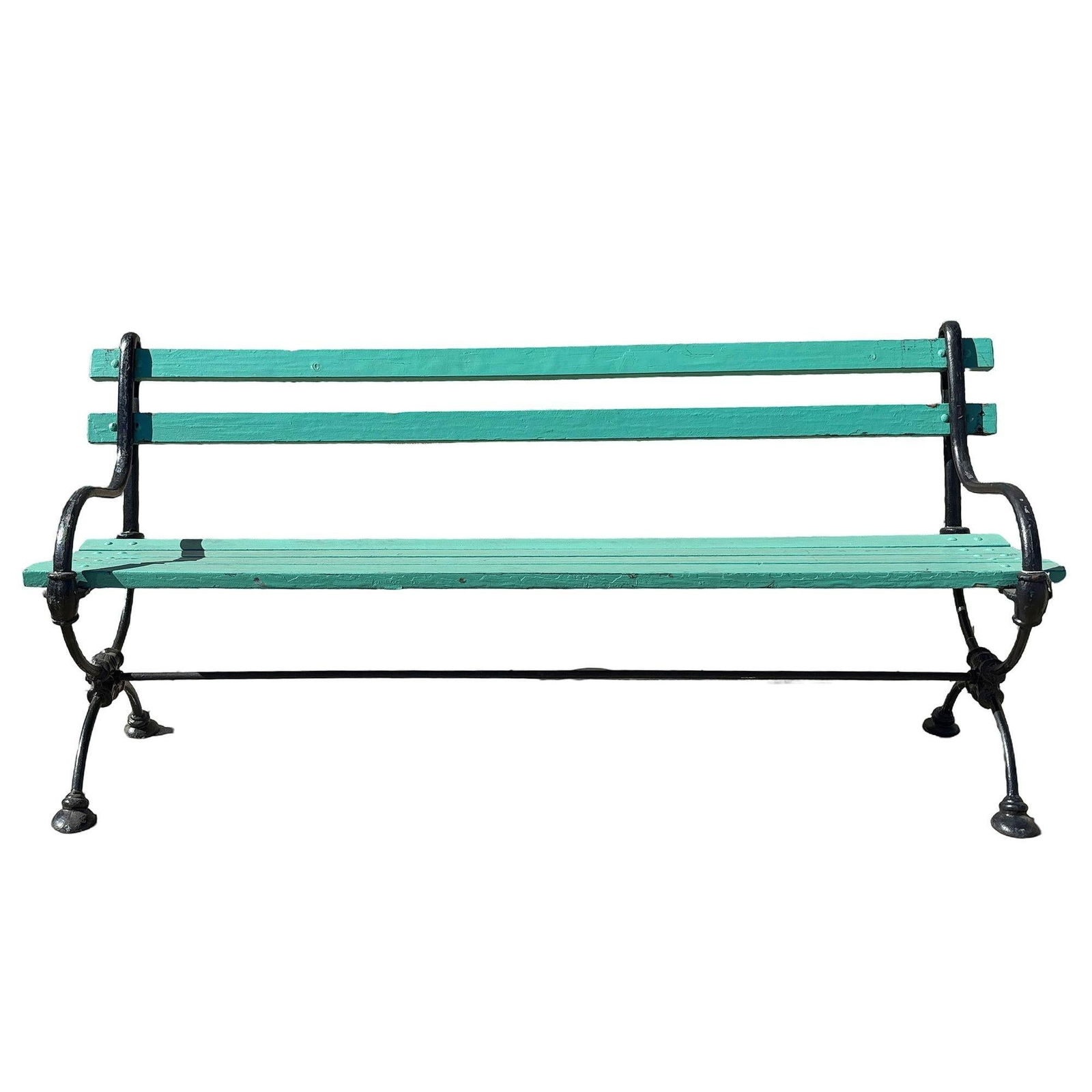 Edwardian Cast Iron & Green Painted Wooden Loop Park Bench with X Legs, Pair - 9