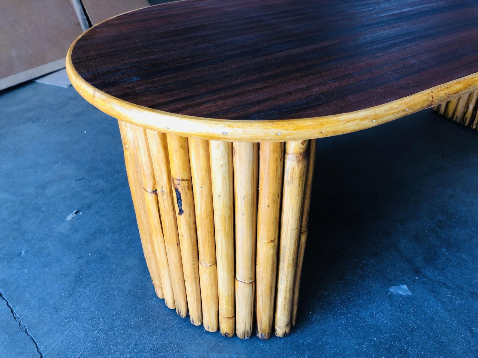 Restored Vertically Stacked Rattan Coffee Table with Mahogany Top - 11