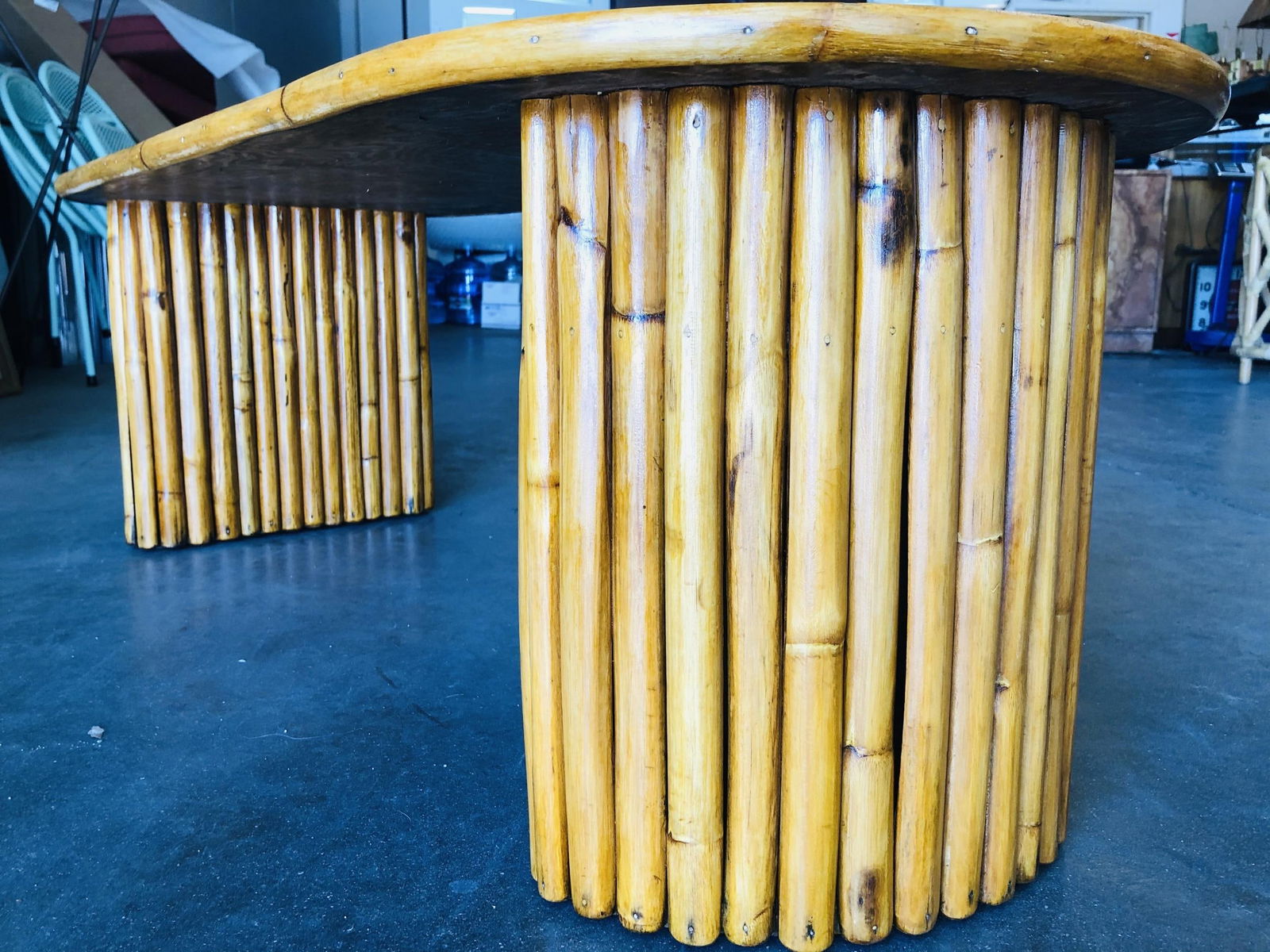 Restored Vertically Stacked Rattan Coffee Table with Mahogany Top - 17