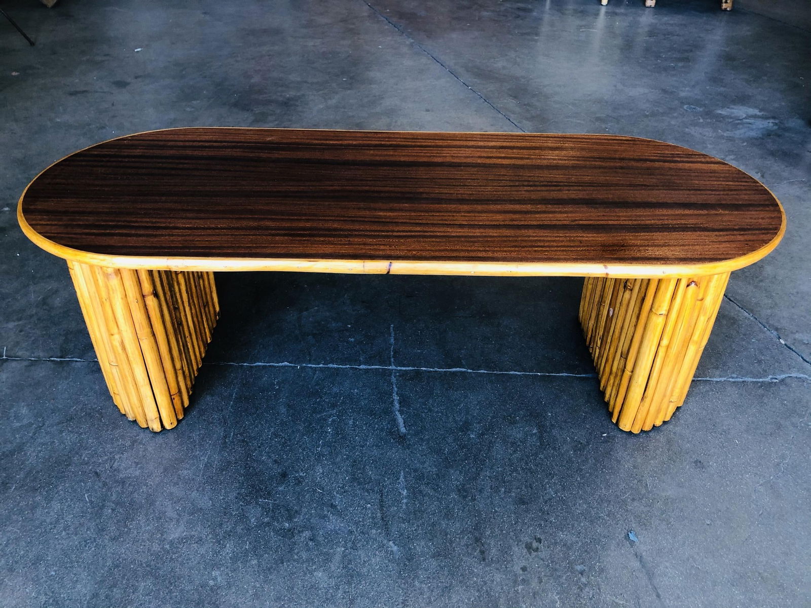 Restored Vertically Stacked Rattan Coffee Table with Mahogany Top - 8