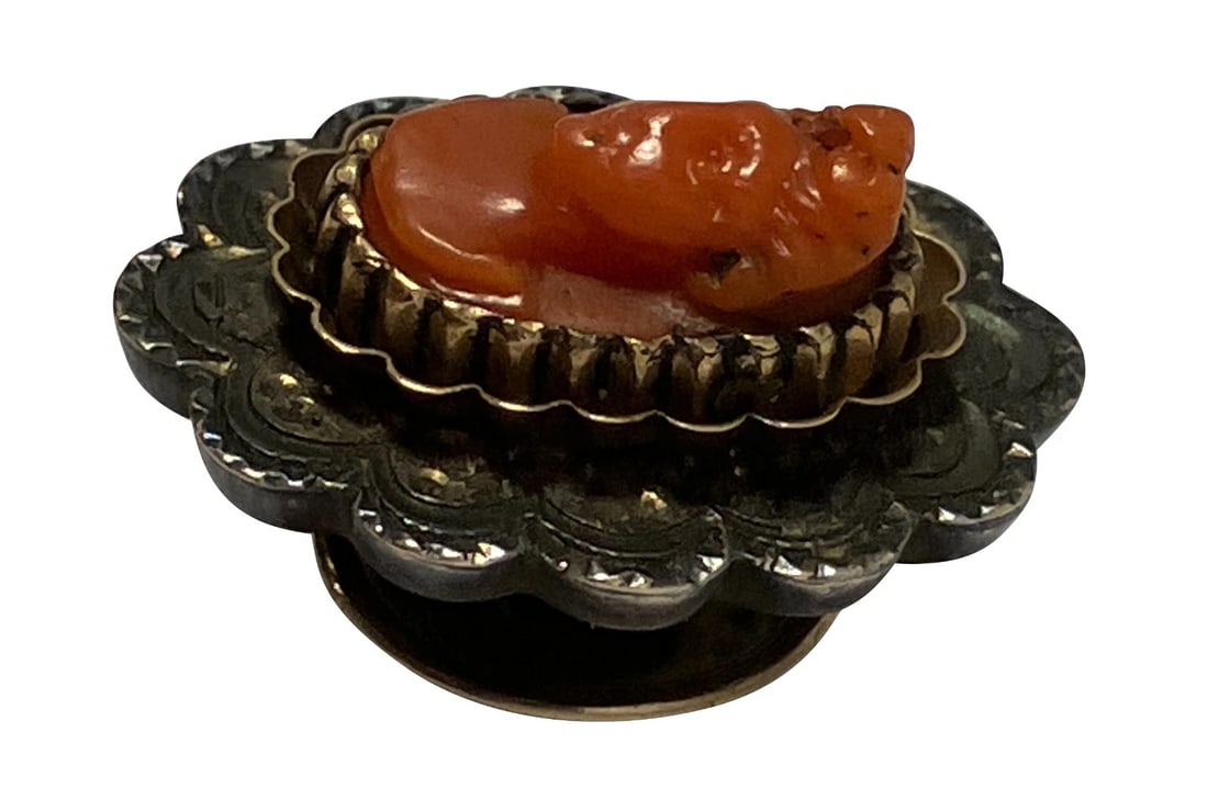 Victorian Red Coral Cameo Gold Gilt Top Buttom To Re-Purpose - 4