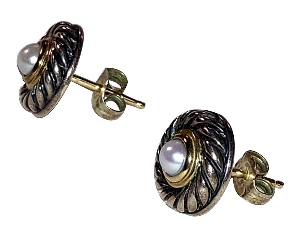 David Yurman Cultured Pearl Earrings in Sterling Silver with 14 kt Gold - 3