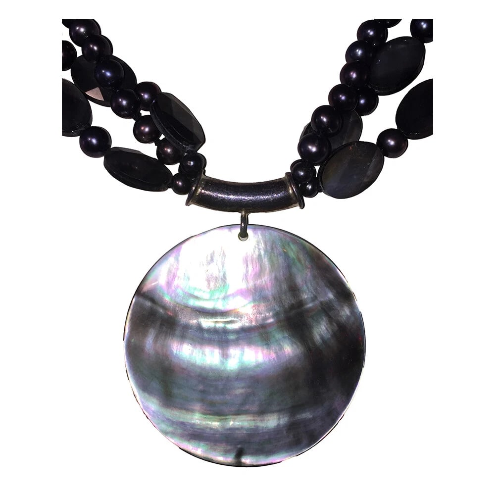 Grey Pearl Triple Strand Sterling Necklace with Abalone Shell Disc Pendant - 3