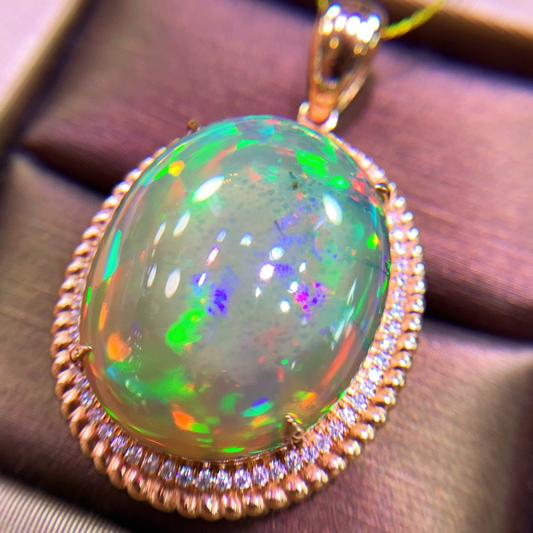 14K GOLD 14 CT NATURAL OPAL & DIAMOND PENDANT - 5