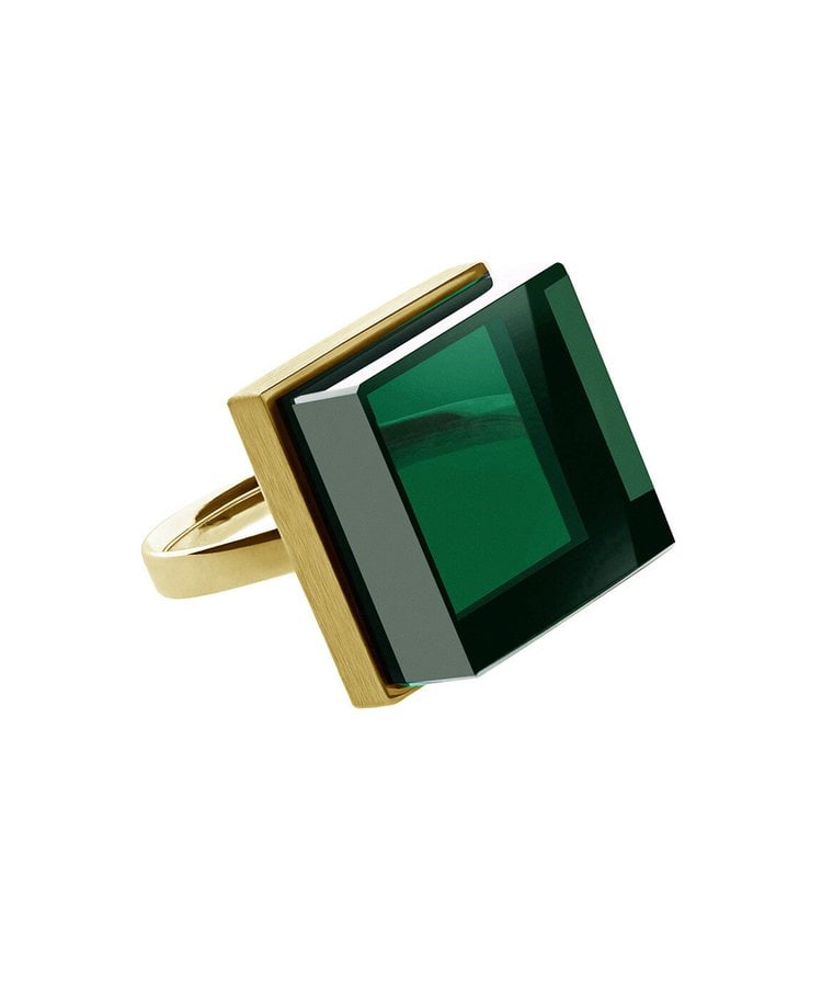 Ring with Green Quartz: Title:Ring with Green QuartzDescription:This Art Deco-style designer ring, from the Ink Collection featured in Harper’s Bazaar and Vogue UA, is crafted in yellow gold plated sterling silver and set