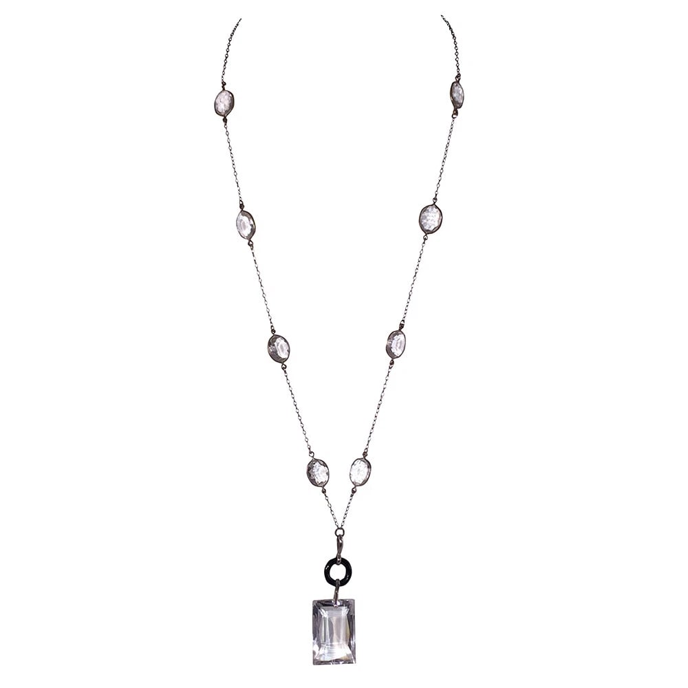 Art Deco Czech Glass Paste Rivière Bezel Set Necklace Large Emerald Cut Pendant - 2