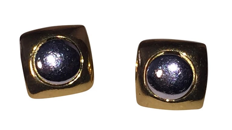 Vintage Givenchy Signed Two Tone Modernist Style Stud Earrings: Title:Vintage Givenchy Signed Two Tone Modernist Style Stud EarringsDescription:Givenchy two tone silver plated and 18 kt gold plated over costume metal stud earrings. From 1977. Earrings are for