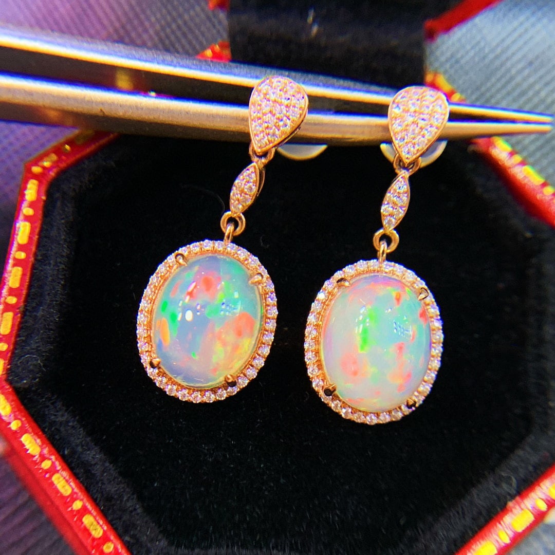 14K GOLD 2.3 CT NATURAL OPAL & DIAMOND EARRINGS - 2
