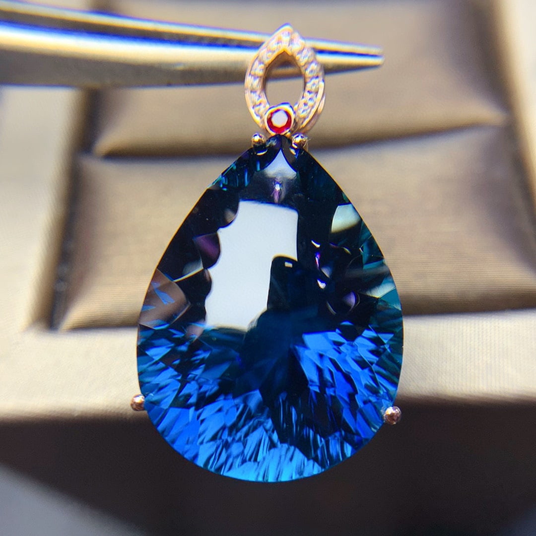 14K GOLD 30 CT NATURAL TOPAZ & DIAMOND & RUBY PENDANT - 2