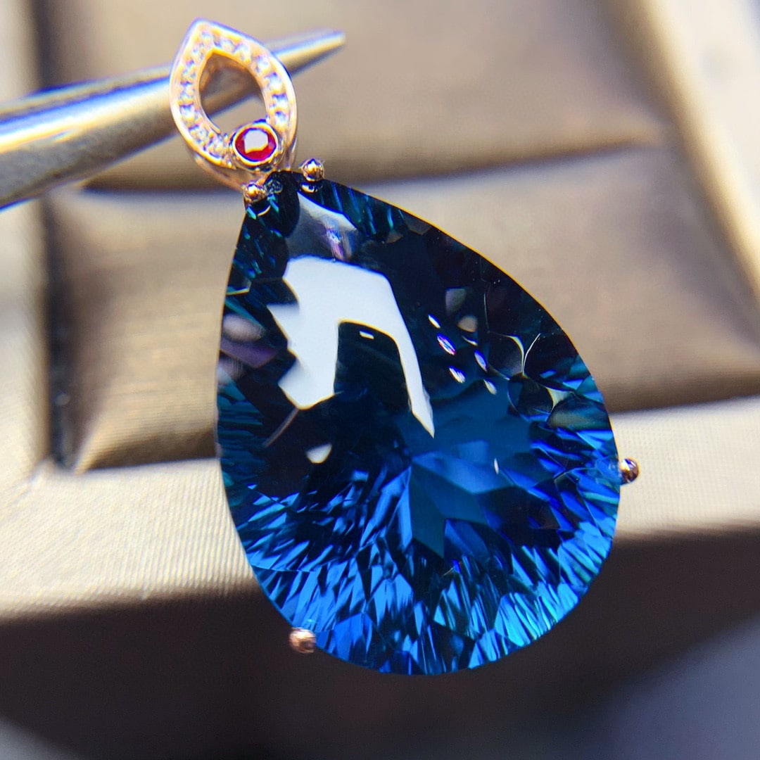 14K GOLD 30 CT NATURAL TOPAZ & DIAMOND & RUBY PENDANT - 3