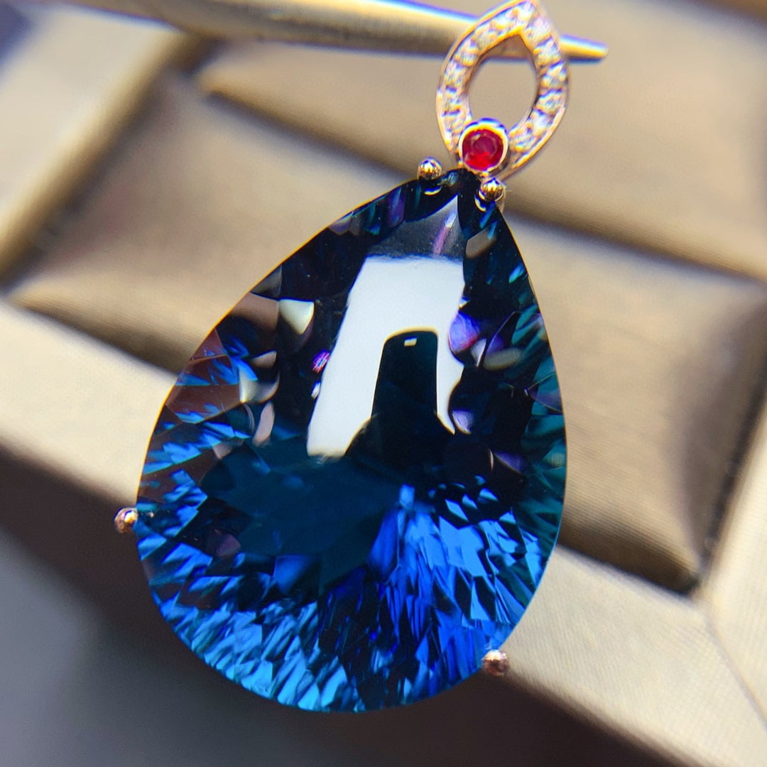 14K GOLD 30 CT NATURAL TOPAZ & DIAMOND & RUBY PENDANT - 5