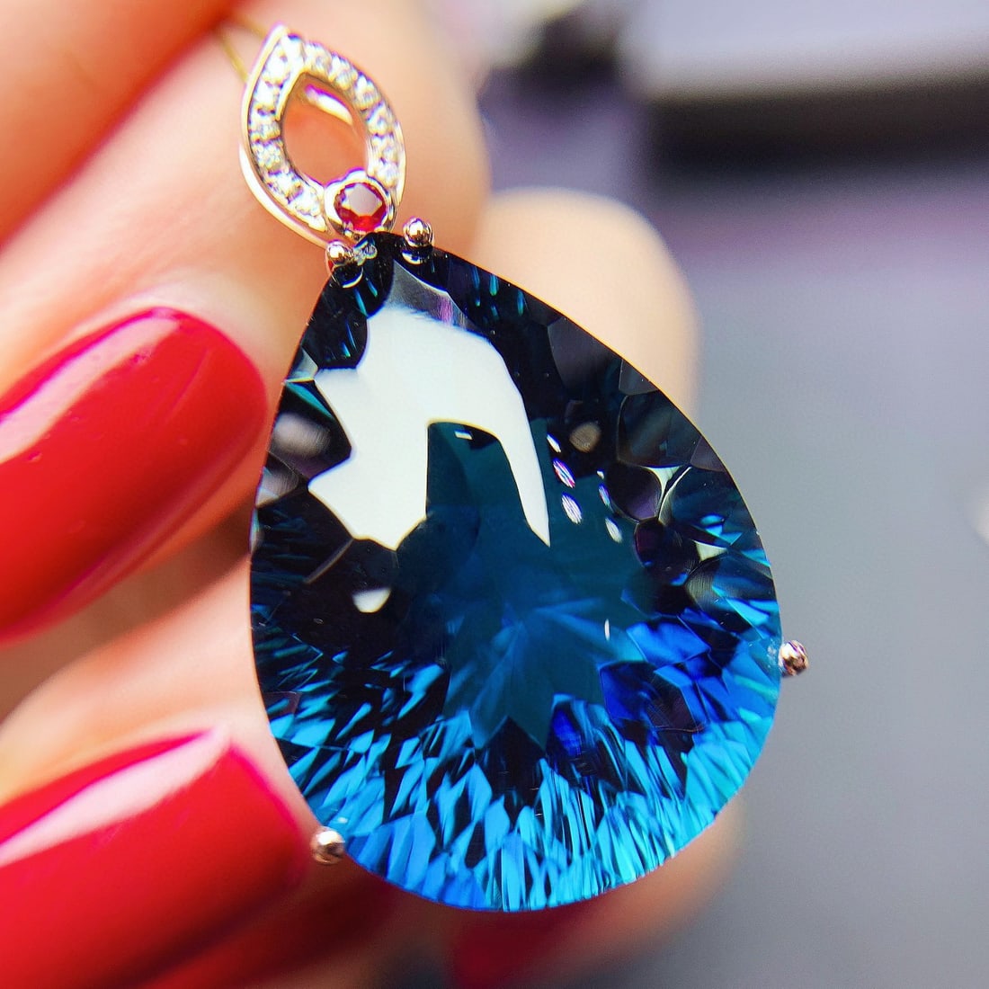 14K GOLD 30 CT NATURAL TOPAZ & DIAMOND & RUBY PENDANT - 6